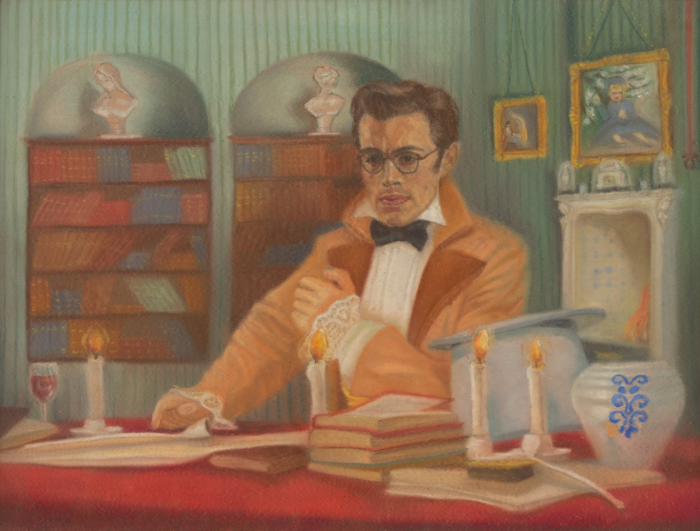 De afbeelding toont een kunstzinnig portret van Godfried Bomans. Gemaakt door: Narda Koenen