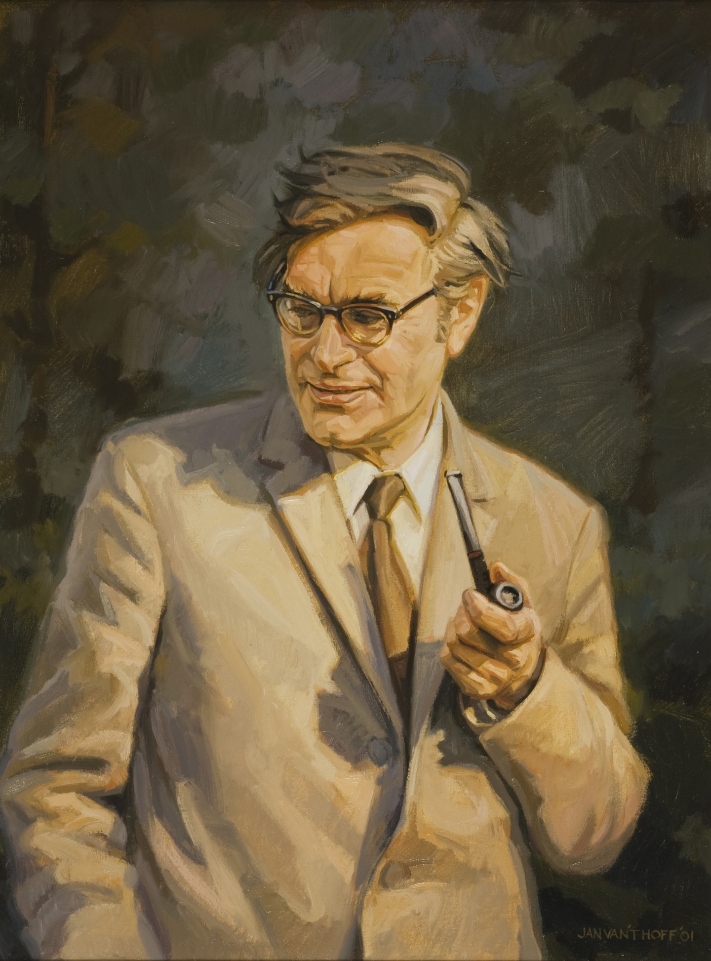 De afbeelding toont een kunstzinnig portret van Godfried Bomans. Gemaakt door: Jan van ’t Hoff 
