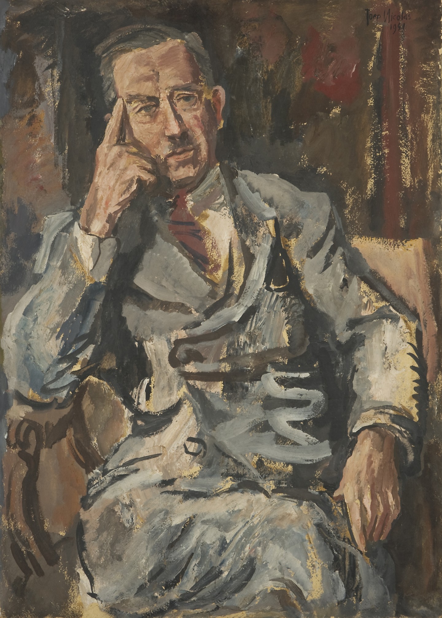 De afbeelding toont een kunstzinnig portret van Adriaan J. Barnouw . Gemaakt door: Joep Nicolas
