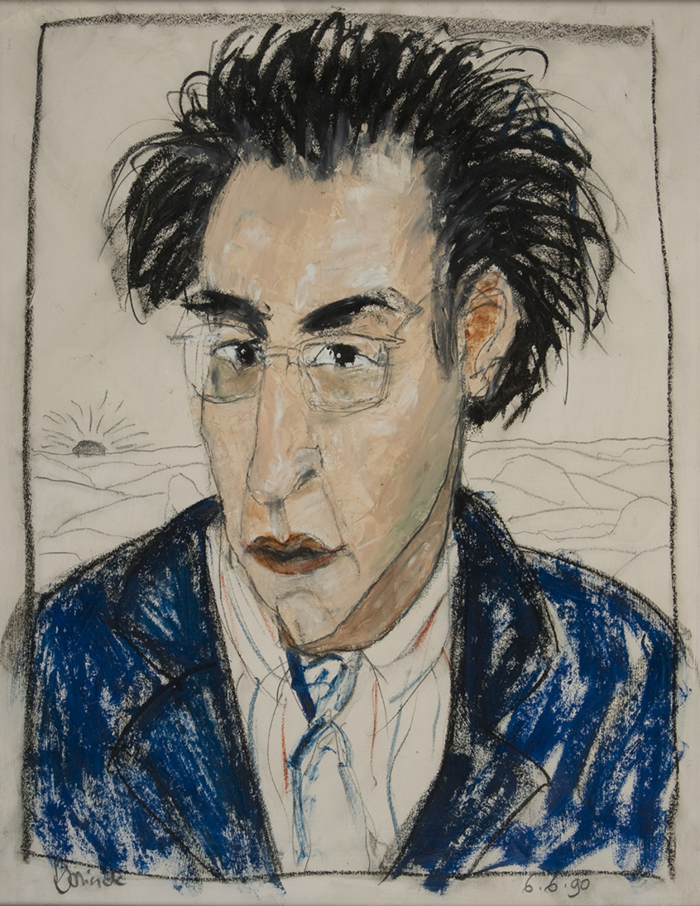 De afbeelding toont een kunstzinnig portret van J.M.A. Biesheuvel . Gemaakt door: Dorinde van