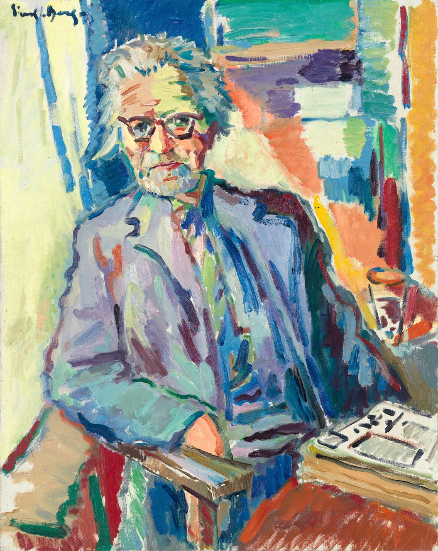 De afbeelding toont een kunstzinnig portret van Gerard den Brabander - In café Eijlders. Gemaakt door: Freek van den  Berg