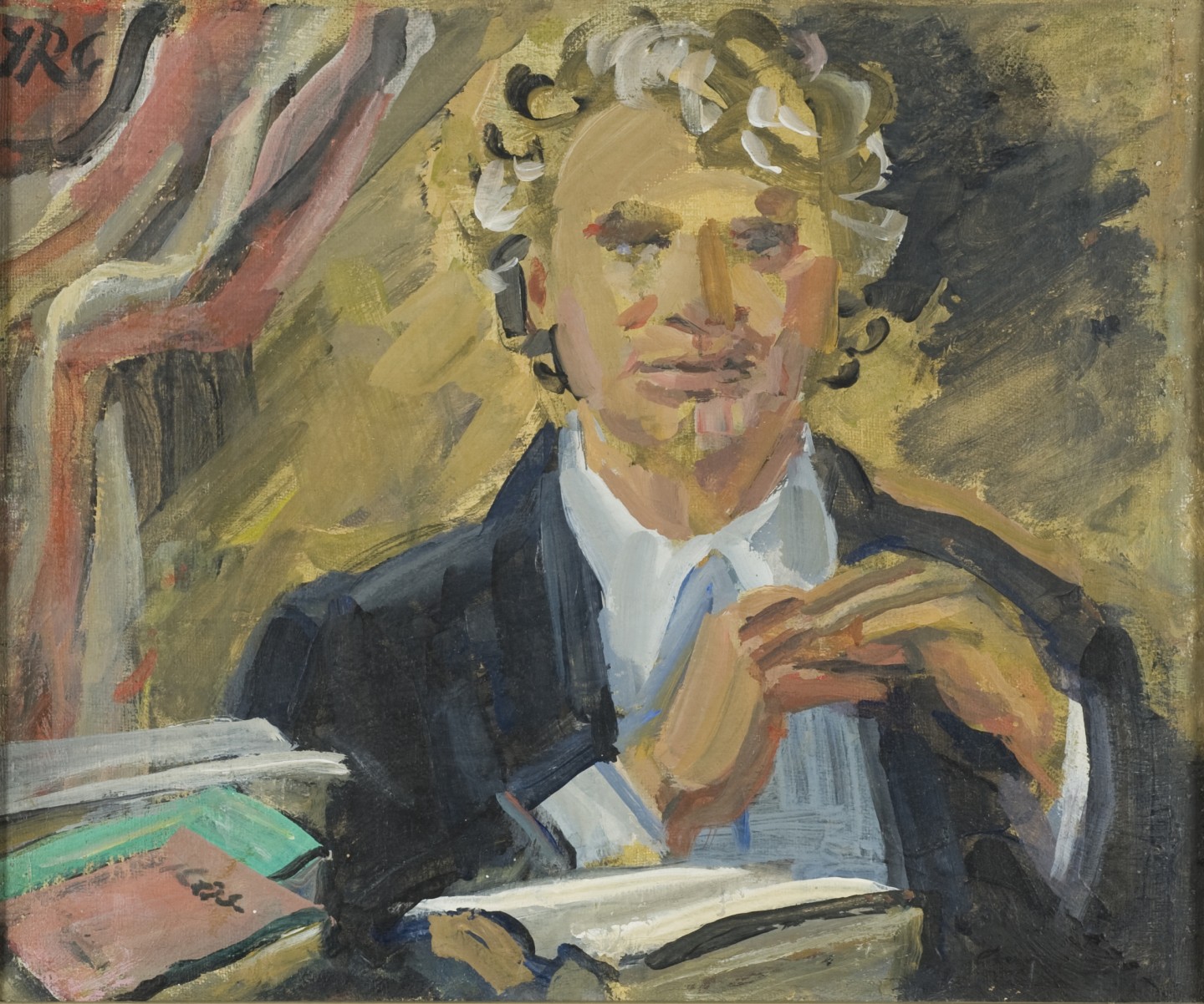 De afbeelding toont een kunstzinnig portret van Adriaan van Dis. Gemaakt door: Jopie Roosenburg-Goudriaan