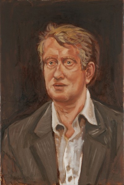 Deze afbeelding toont een kunstzinnig portret van Gerrit Komrij.