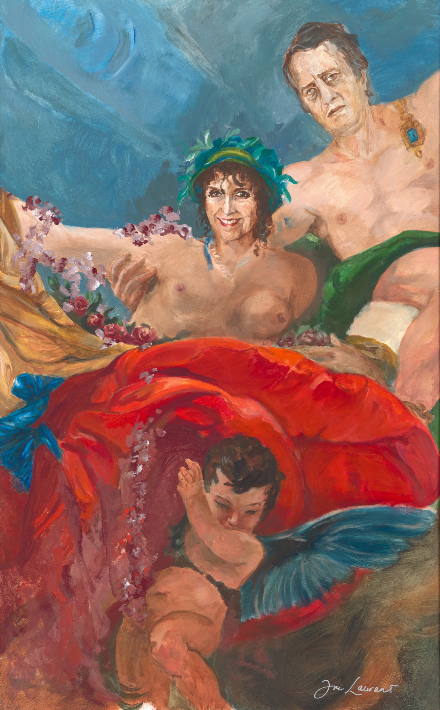De afbeelding toont een kunstzinnig portret van Yvonne Keuls en Gerrit Komrij. Gemaakt door: Ine  Laurant 