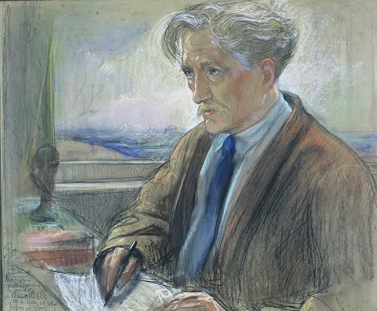 De afbeelding toont een kunstzinnig portret van Willem Kloos. Gemaakt door: Antoon van  Welie