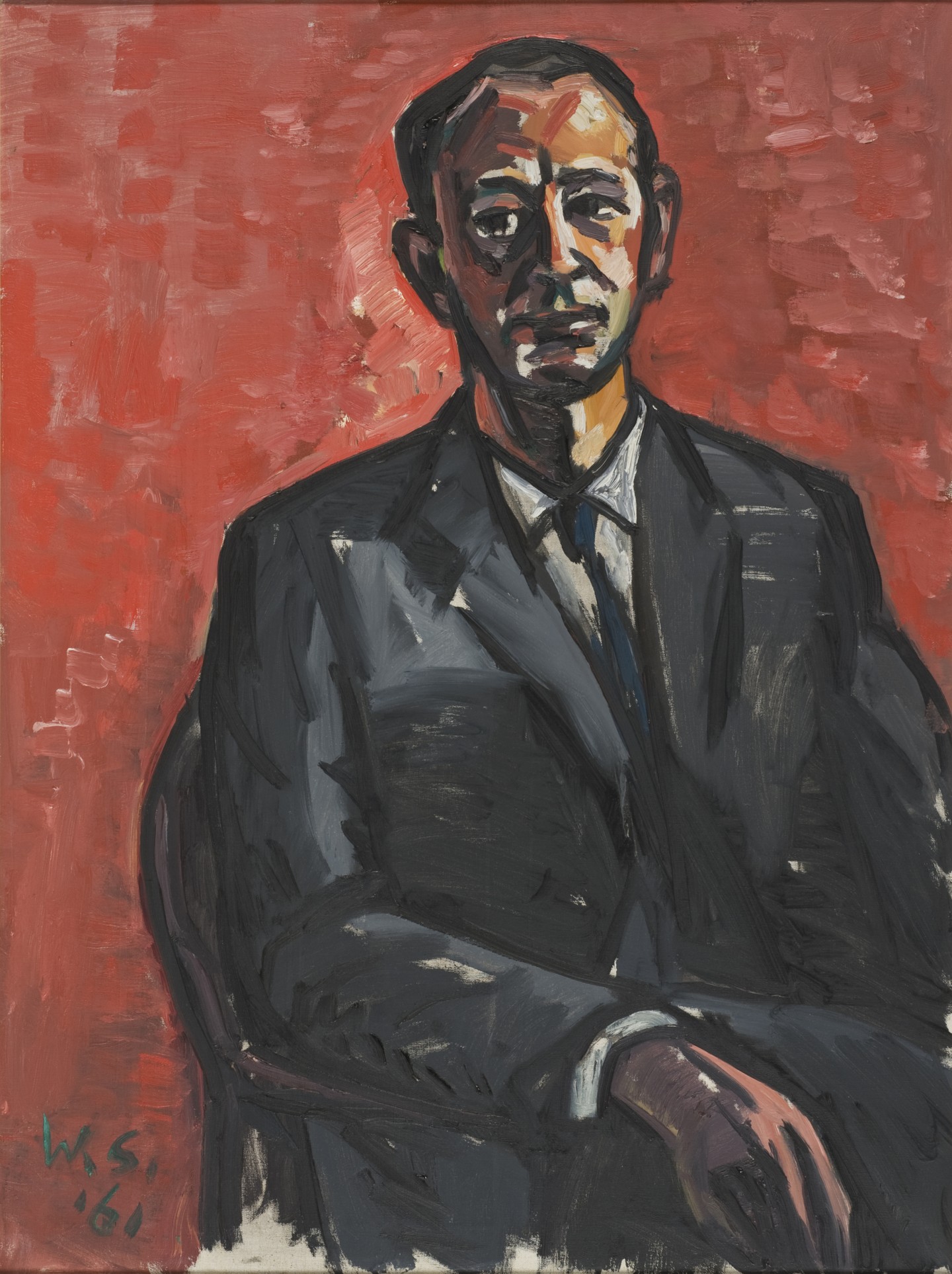 De afbeelding toont een kunstzinnig portret van  H.J.A. Hofland. Gemaakt door: Willem  Schrofer