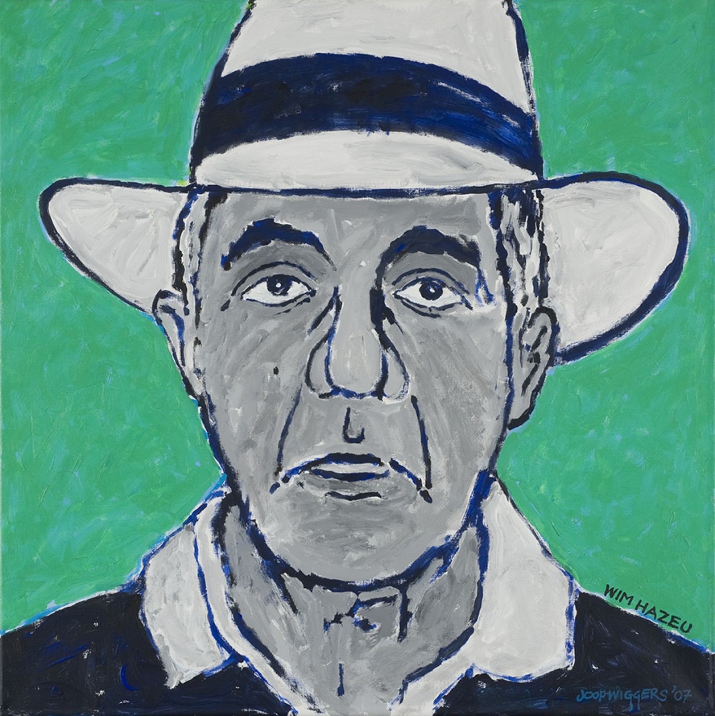 De afbeelding toont een kunstzinnig portret van Wim Hazeu . Gemaakt door: Joop  Wiggers 