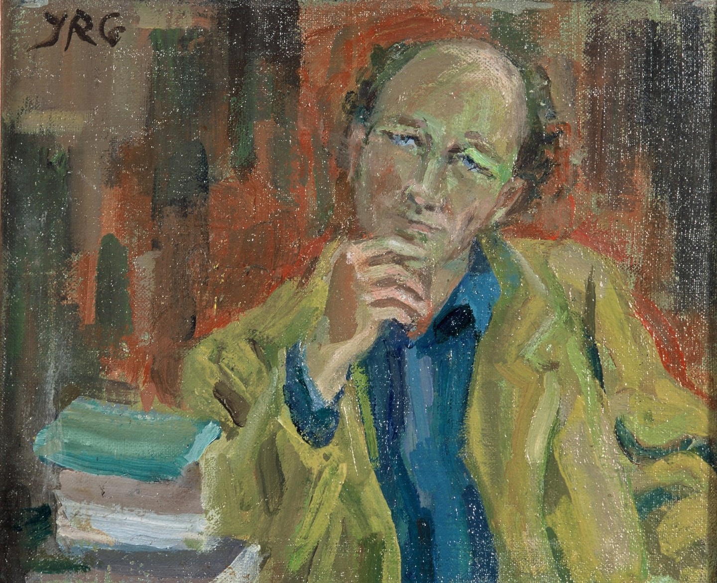 De afbeelding toont een kunstzinnig portret van Maarten ’t Hart. Gemaakt door: Jopie Roosenburg-Goudriaan