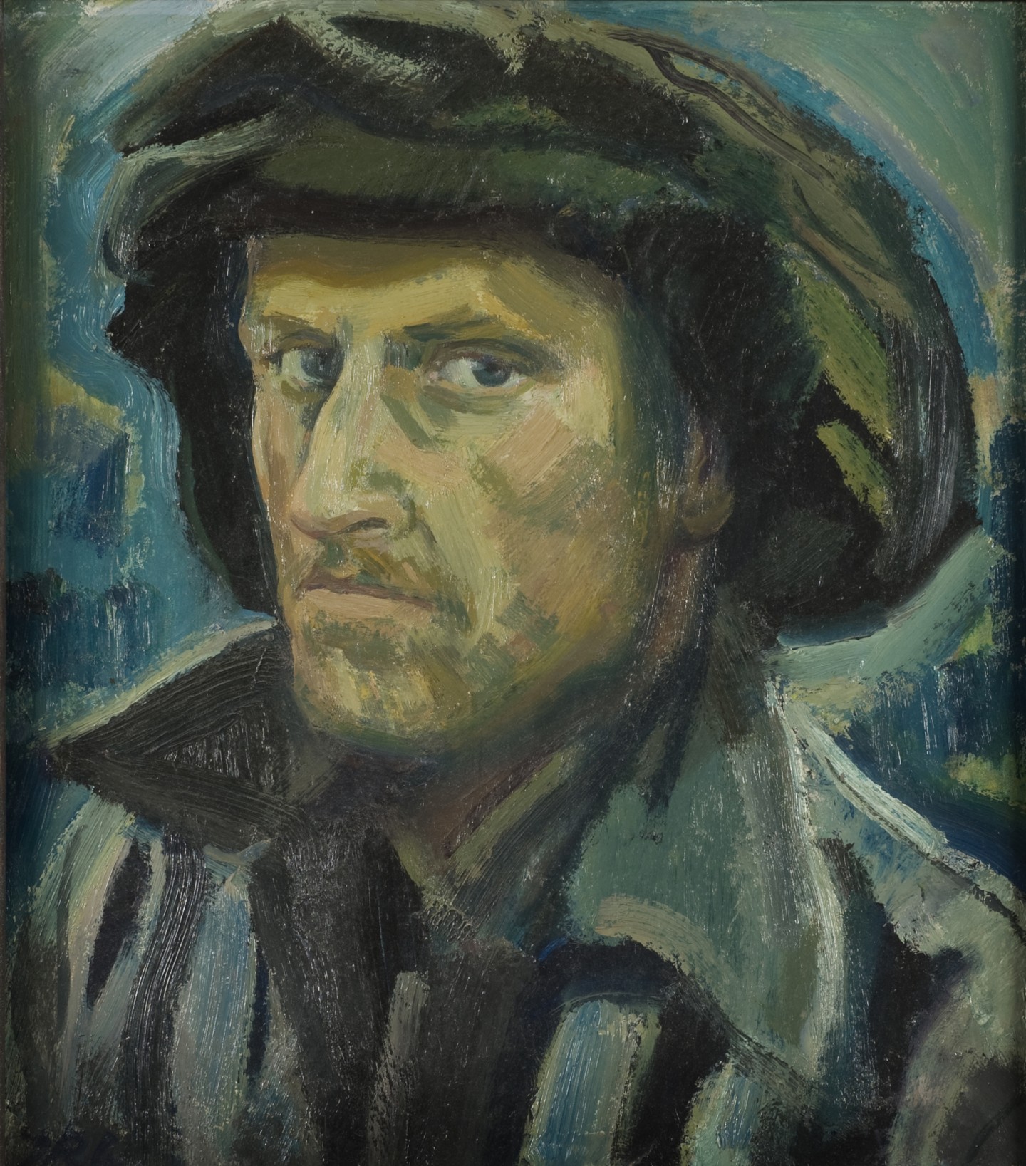 De afbeelding toont een kunstzinnig portret van Willem Frederik Hermans. Gemaakt door: Jopie Roosenburg-Goudriaan