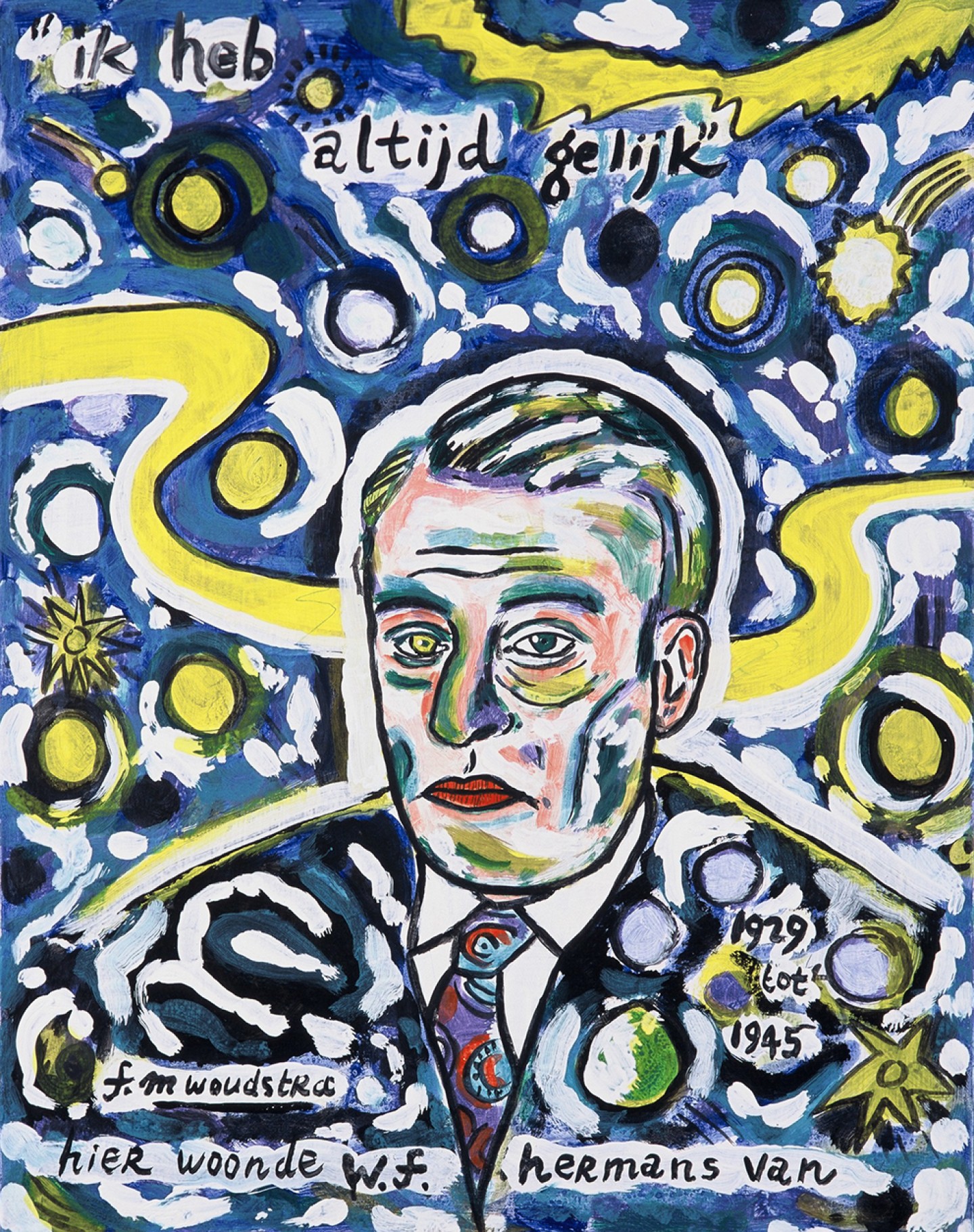 De afbeelding toont een kunstzinnig portret van Willem Frederik Hermans. Gemaakt door: Frits Woudstra