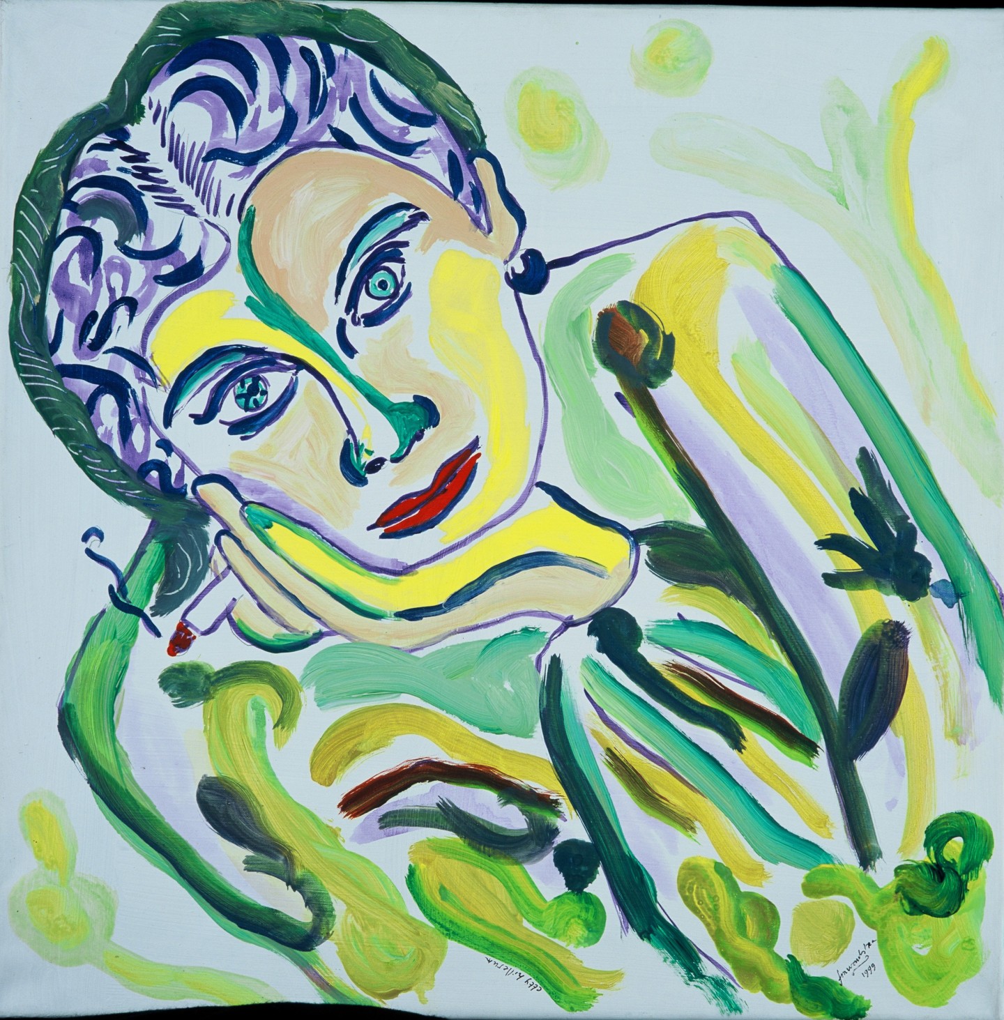 De afbeelding toont een kunstzinnig portret van Etty Hillesum. Gemaakt door: Frits  Woudstra