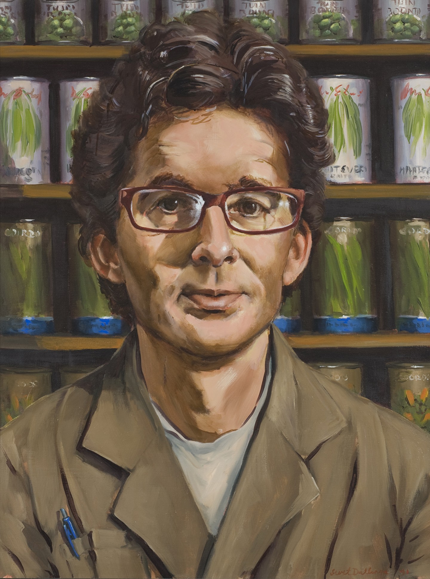 De afbeelding toont een kunstzinnig portret van Atte Jongstra als groenteboer. Gemaakt door: Siert Dallinga