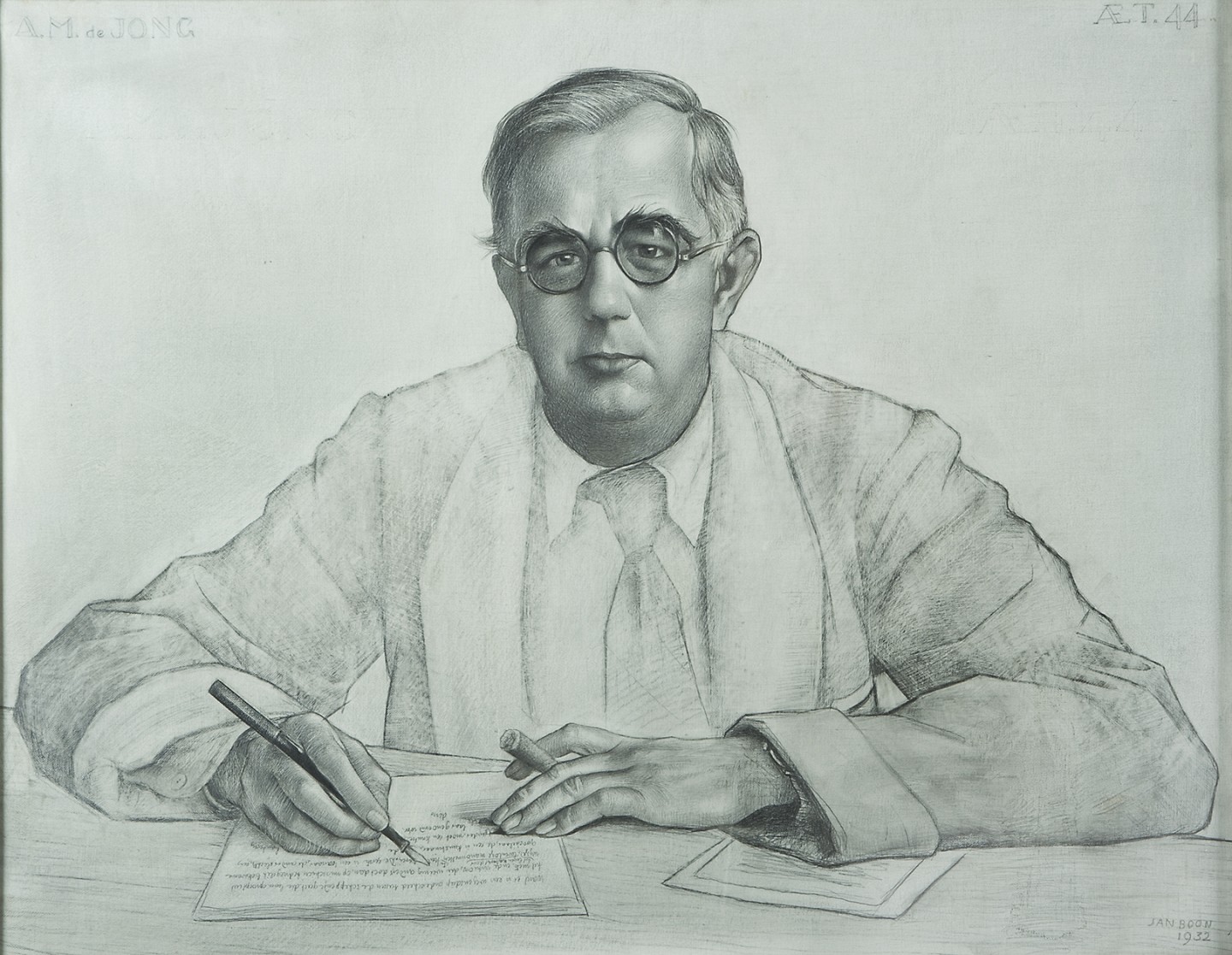 De afbeelding toont een kunstzinnig portret van A.M. de Jong. Gemaakt door: Jan Boon