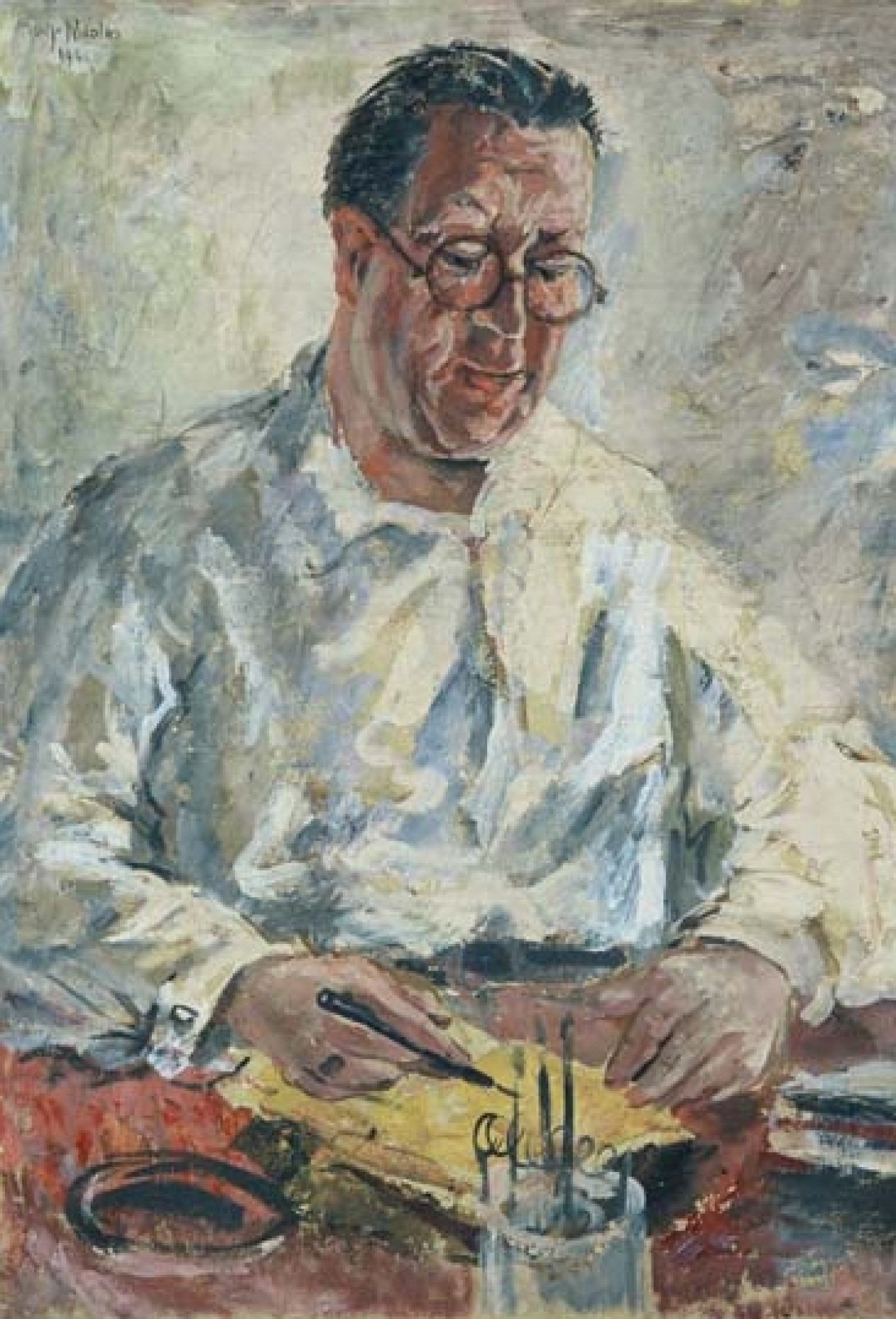 De afbeelding toont een kunstzinnig portret van  Hendrik Willem van Loon . Gemaakt door: Joep  Nicolas 