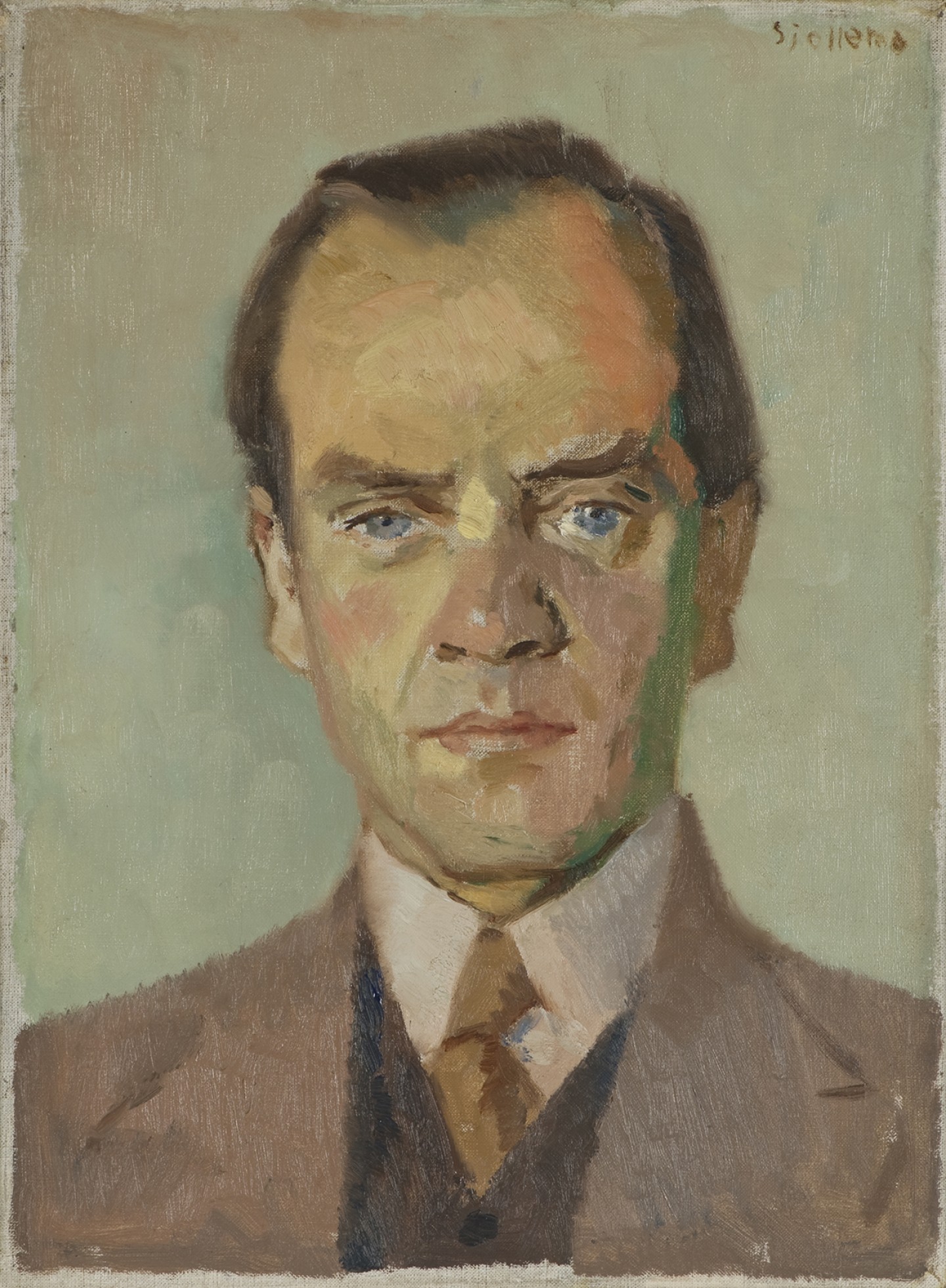 De afbeelding toont een kunstzinnig portret van M. Nijhoff. Gemaakt door: Joop Sjollema