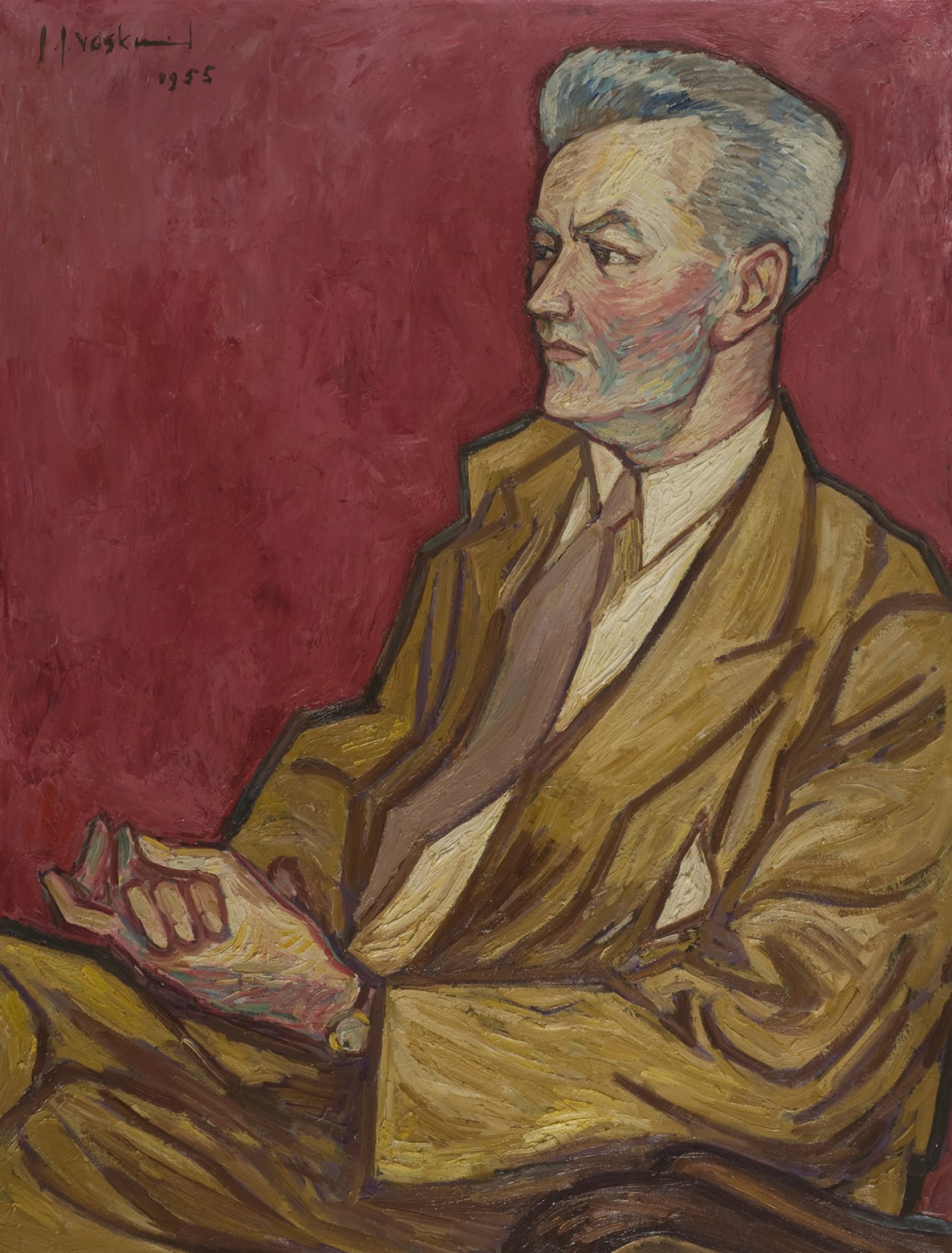 De afbeelding toont een kunstzinnig portret van Garmt Stuiveling . Gemaakt door: Jo  Voskuil 
