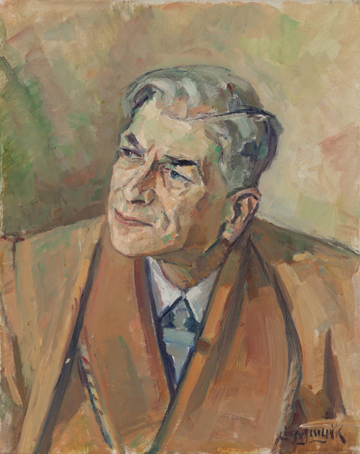 De afbeelding toont een kunstzinnig portret van Martin J. Premsela. Gemaakt door: Kees van  Ysselink 
