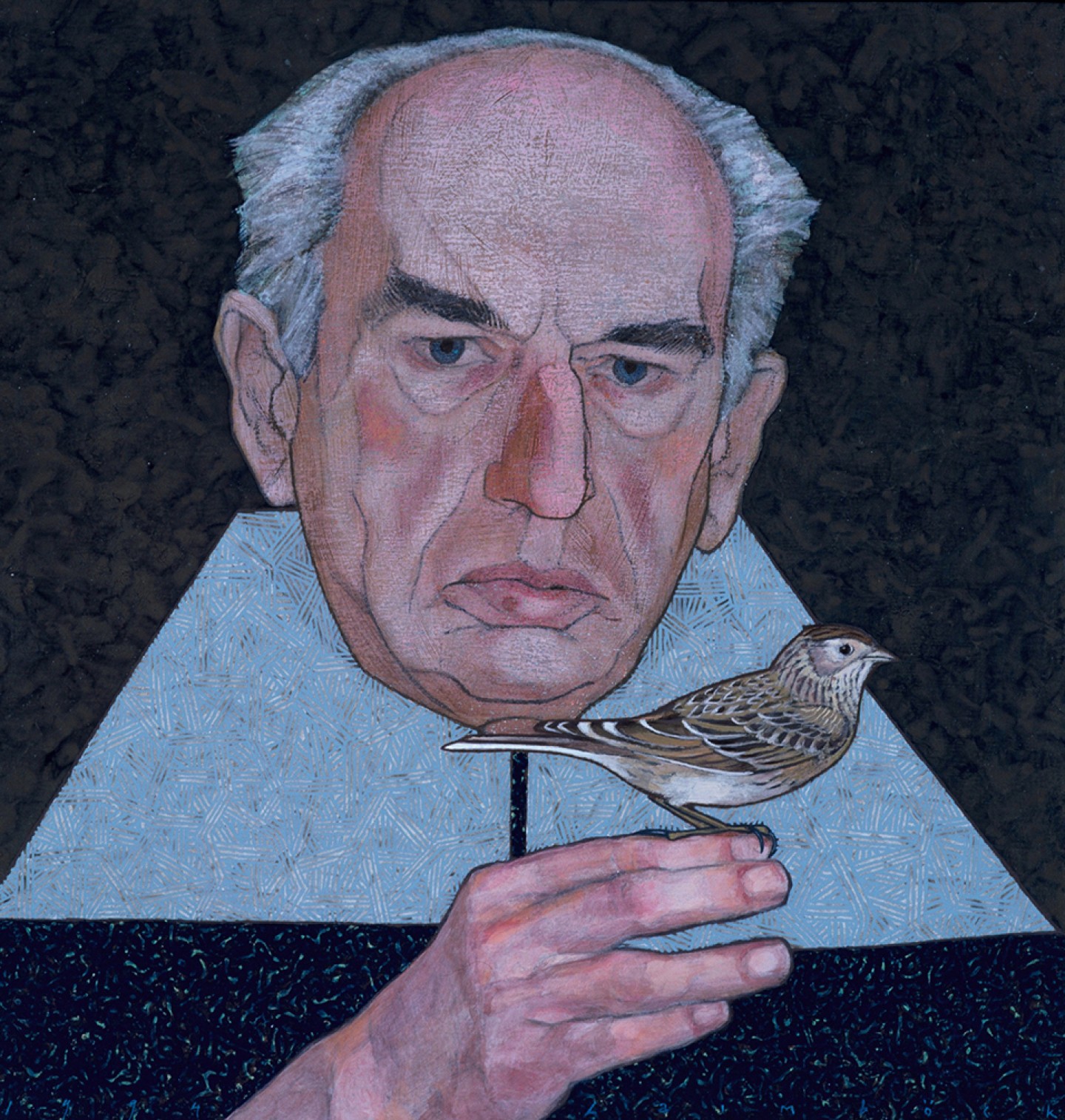 De afbeelding toont een kunstzinnig portret van Karel van het Reve . Gemaakt door: Lia Laimböck