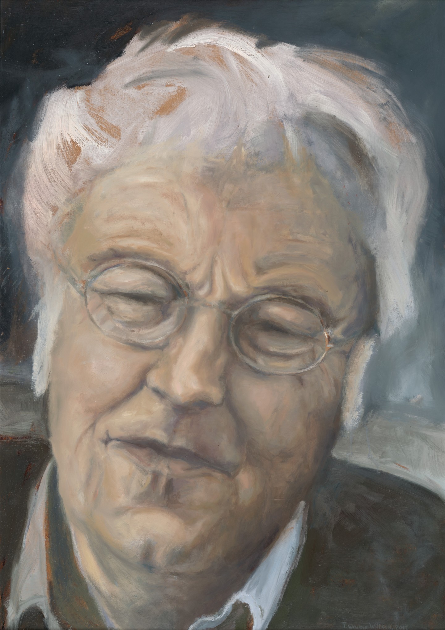De afbeelding toont een kunstzinnig portret van Rutger Kopland. Gemaakt door: Theresa de  Bruijne