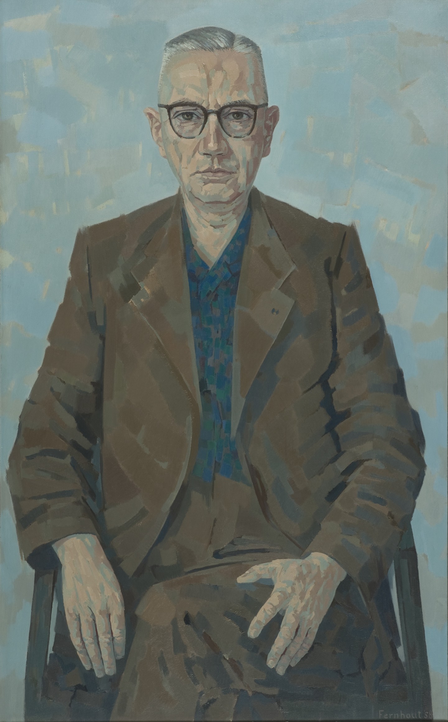 De afbeelding toont een kunstzinnig portret van S. Vestdijk. Gemaakt door: Edgar Fernhout